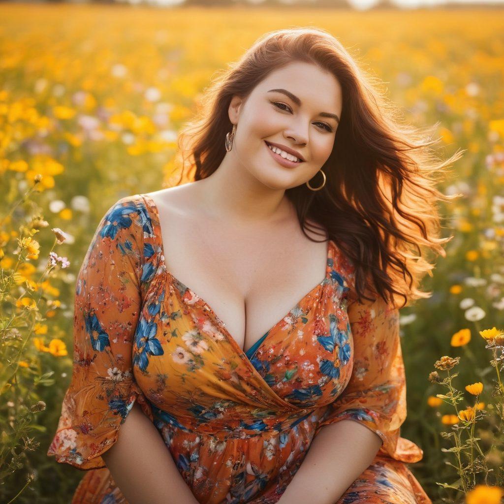 An empowering plus-size woman confidently posing in a field of wildflowers, embracing her sensuality with an alluring smile. She wears a flowing, vibrant fabric that accentuates her curves, blending with the colors of nature. The scene is bathed in golden sunlight, creating a warm and inviting atmosphere, symbolizing beauty and self-love. Include subtle elements like butterflies fluttering around her to enhance the sense of freedom. painting. vibrant colors. soft focus.